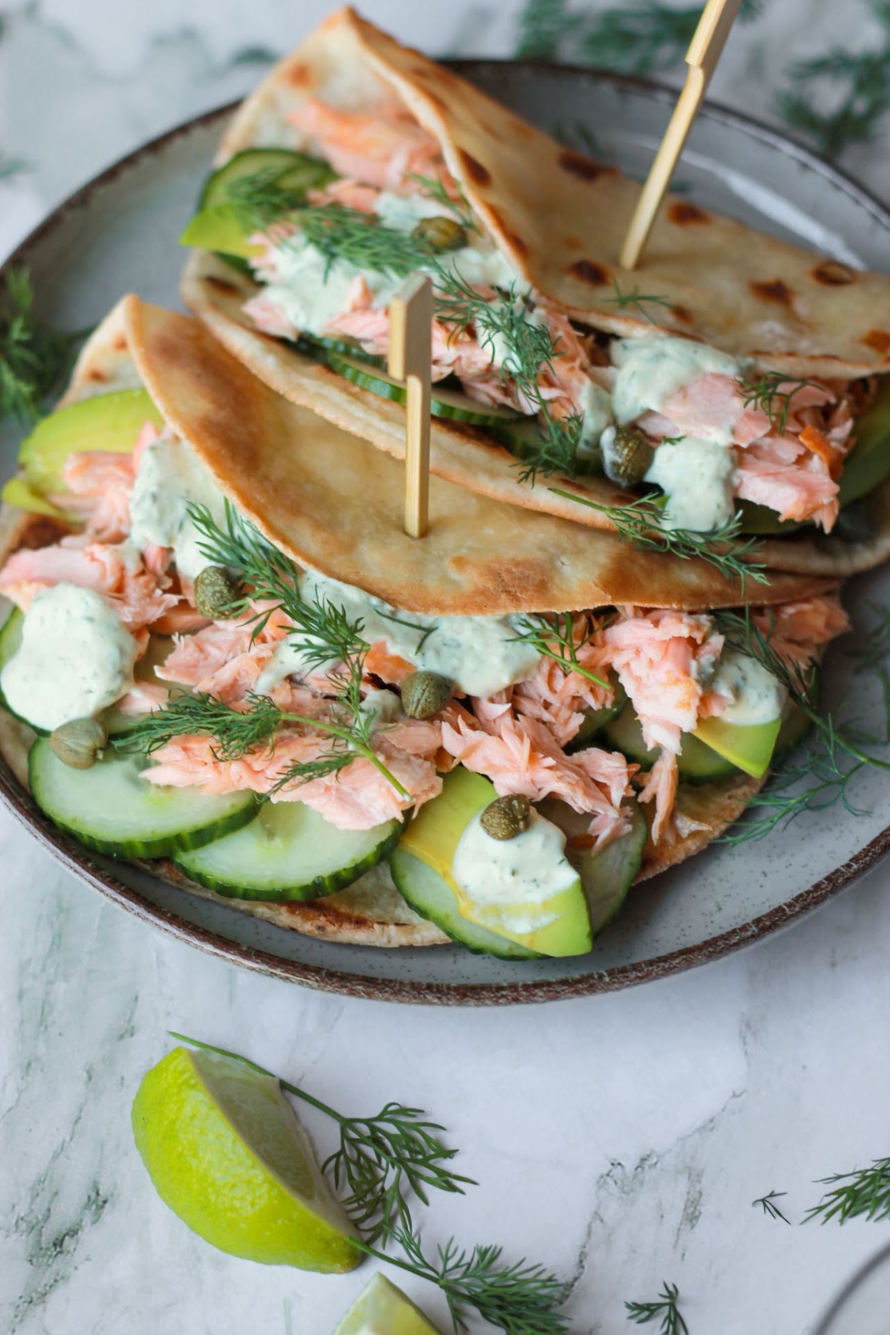 Fish flatbreads with caper - dill sauce